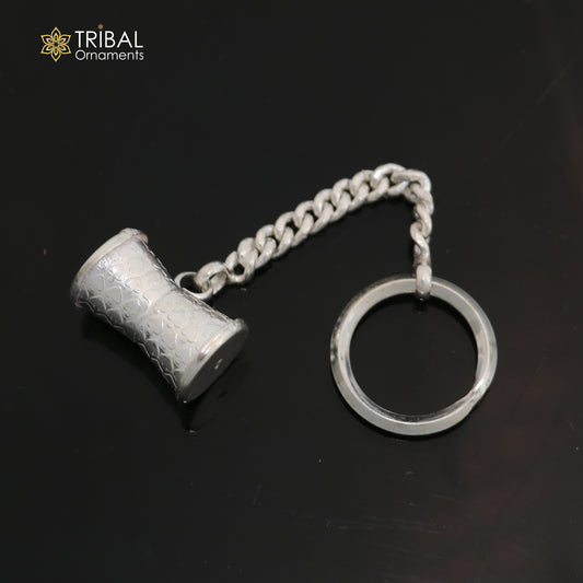 925 Sterling silver vintage Shiva damru design solid key chain, stylish royal gifting silver accessories unisex gift kch27 - TRIBAL ORNAMENTS