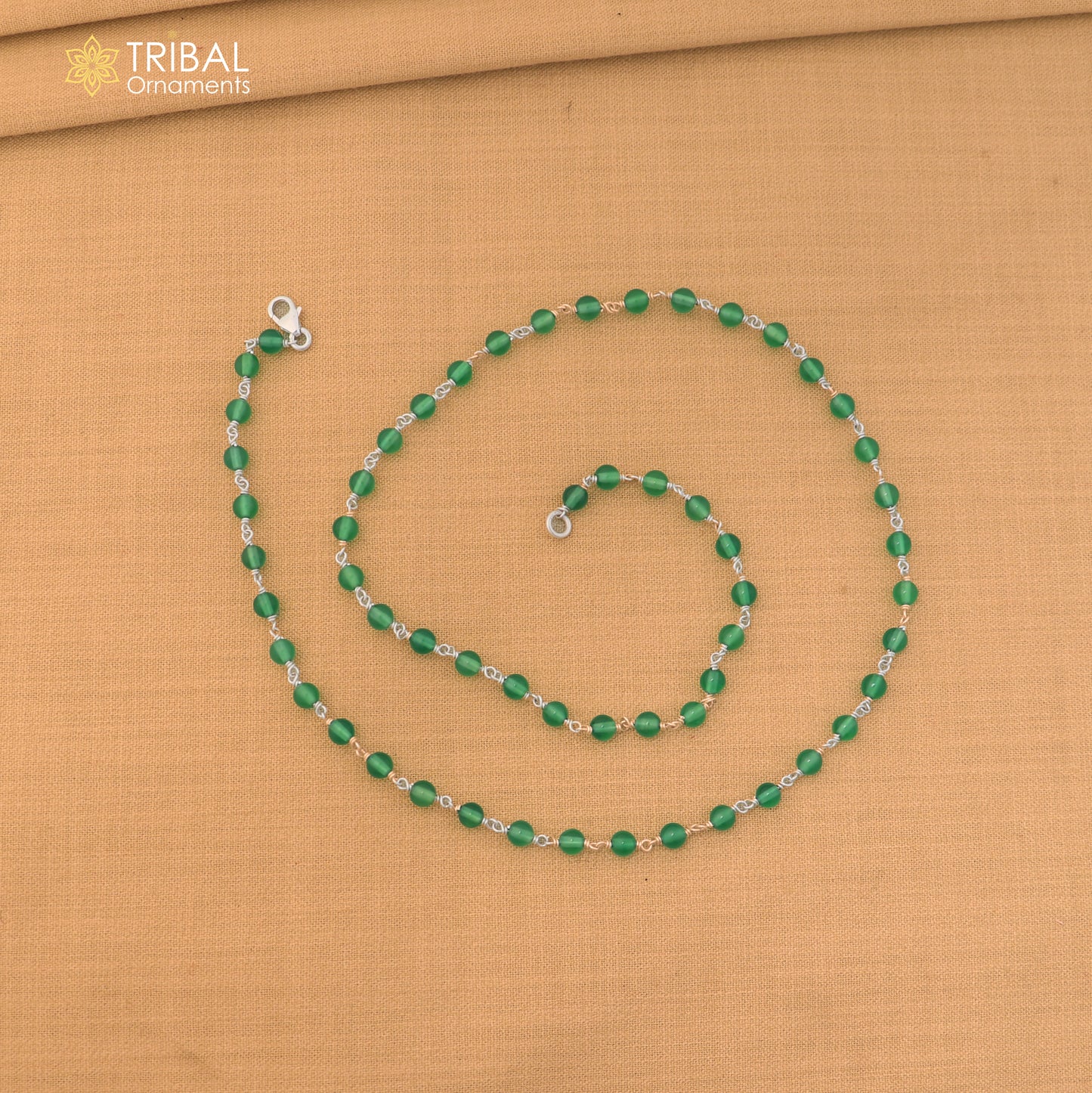 925 sterling silver green color round shape stone beaded necklace ch660