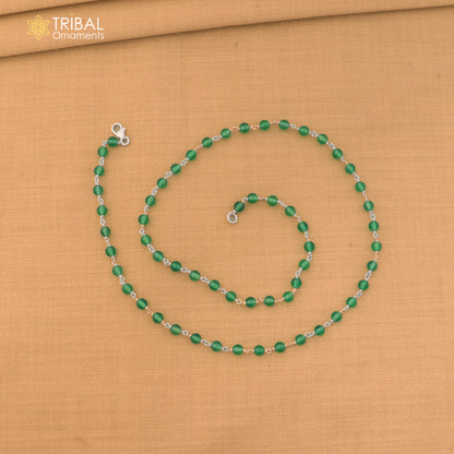 925 sterling silver green color round shape stone beaded necklace ch660
