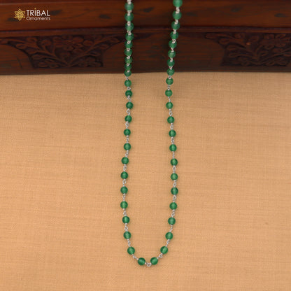 925 sterling silver green color round shape stone beaded necklace ch660