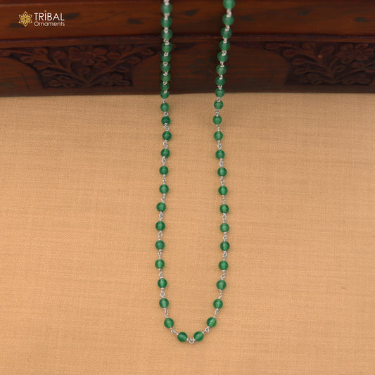 925 sterling silver green color round shape stone beaded necklace ch660