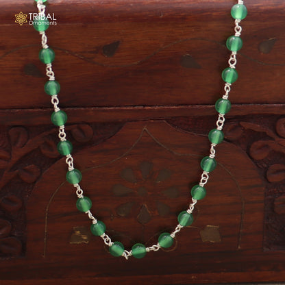 925 sterling silver green color round shape stone beaded necklace ch660