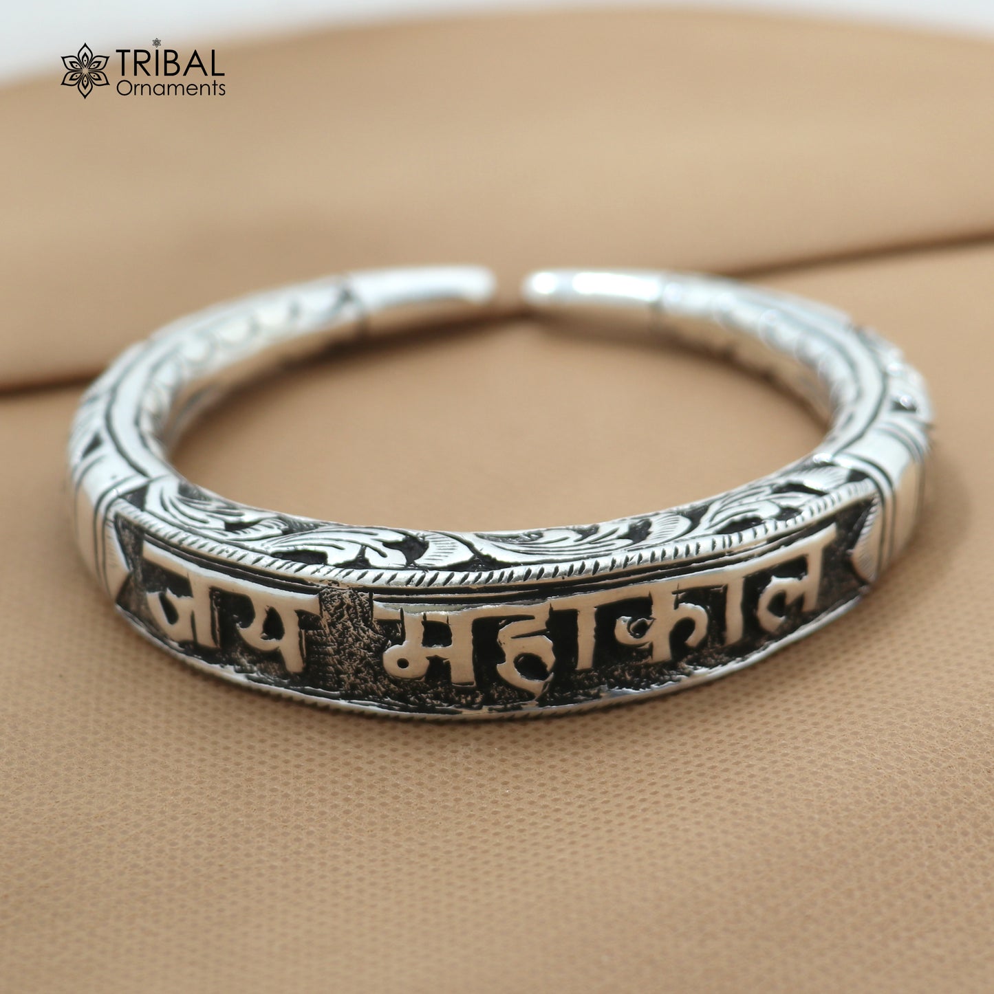925 Sterling silver chitai work "JAI MAHAKAL"shiva mantra bracelet kada unisex tribal ethnic jewelry nsk965 - TRIBAL ORNAMENTS