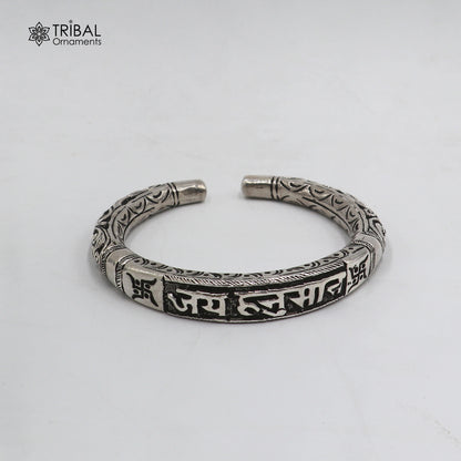 925 Sterling silver Jai Hanuman cuff bracelet with chitai work, tribal ethnic design, unisex divine jewelry from TRIBAL ORNAMENTS