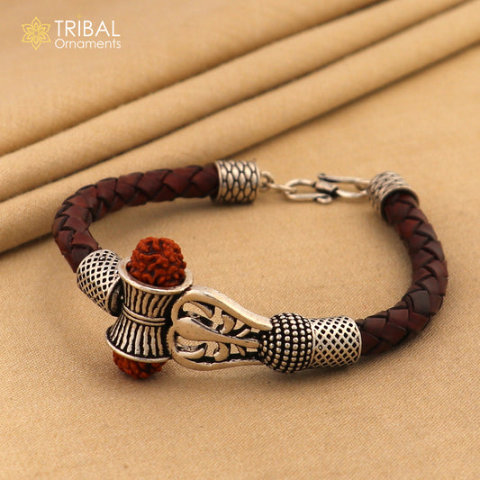 925 sterling silver customized trident design lord Shiva rudraksha bracelet, leather belt trident shiva bracelet best gift for him Rnsbr593