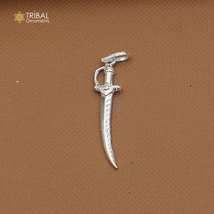 Sterling silver small sword pendant with dagger-style design, unisex jewelry by TRIBAL ORNAMENTS, displayed on a plain background.
