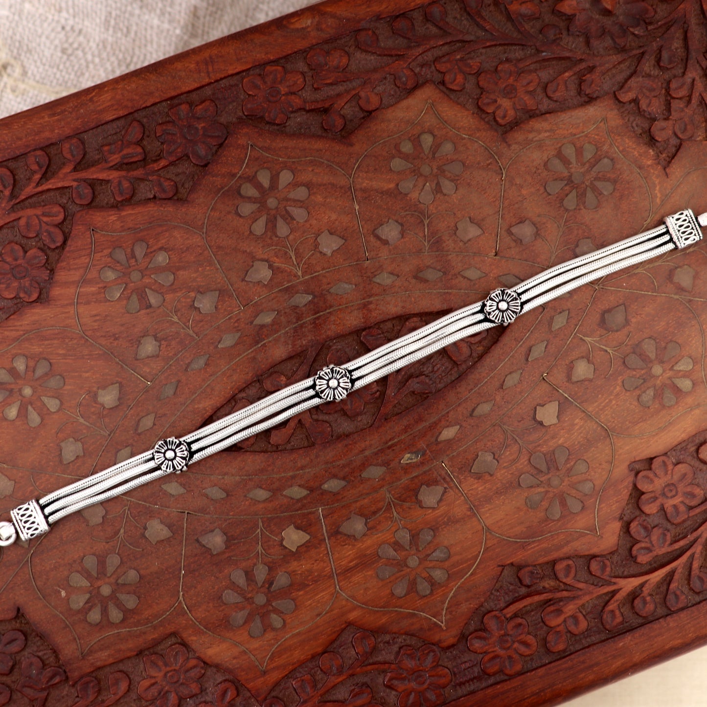 8.5" snake chain bracelet, amazing 925 sterling silver 3 line smooth design flower bracelet sbr688