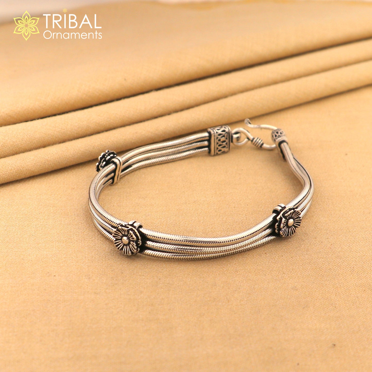 8.5" snake chain bracelet, amazing 925 sterling silver 3 line smooth design flower bracelet sbr688