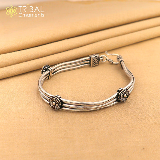 8.5" snake chain bracelet, amazing 925 sterling silver 3 line smooth design flower bracelet sbr688