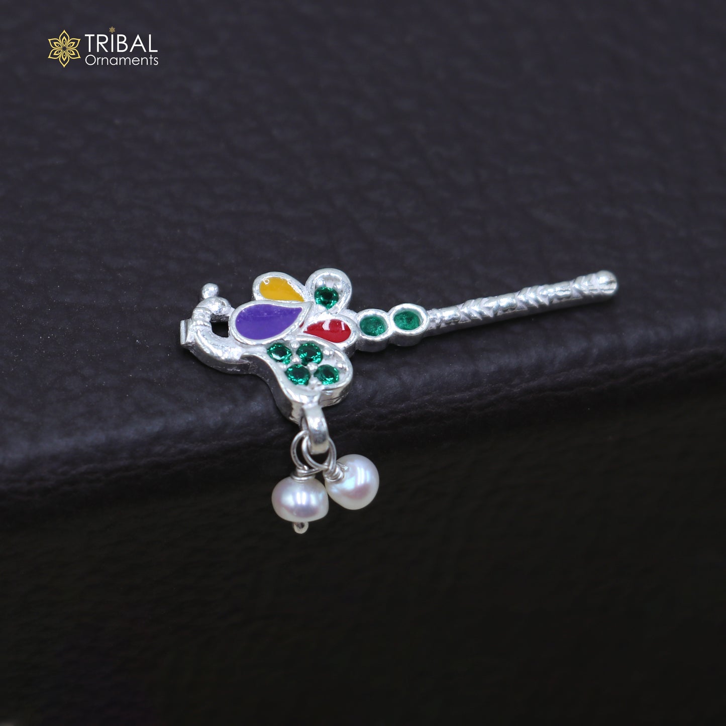 925 sterling silver stone design bansuri laddu Gopala flute, Krishna flute su1434