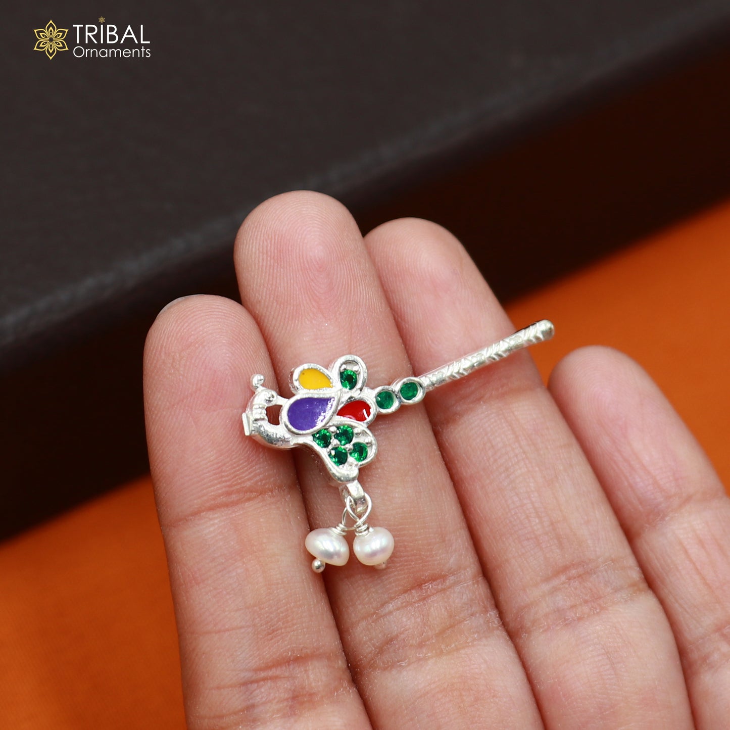 925 sterling silver stone design bansuri laddu Gopala flute, Krishna flute su1434