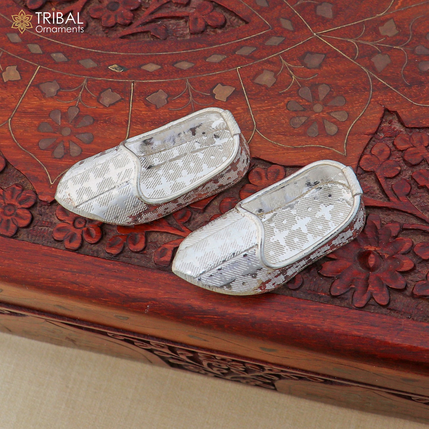925 sterling silver Charan paduka slippers for Krishna idol, traditional Laddu Gopala puja art, by TRIBAL ORNAMENTS