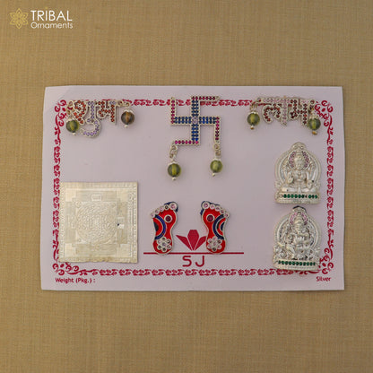 925 sterling silver Diwali pooja set with intricate designs, includes traditional utensils and accessories for religious celebrations.