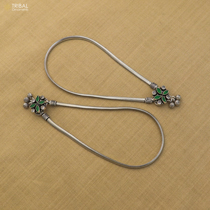 Sterling silver floral design anklet with stone accents, 10.5-inch foot bracelet for belly dance jewelry by Tribal Ornaments.