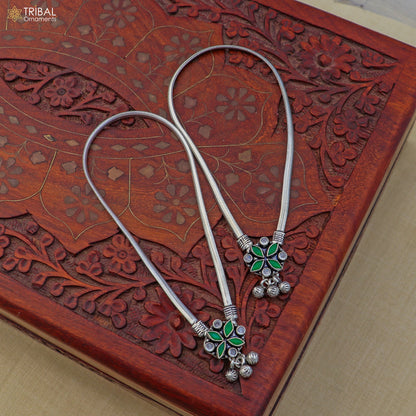 Sterling silver floral design anklet with stones, tribal ornament foot bracelet for belly dance jewelry, 10.5 inches long.