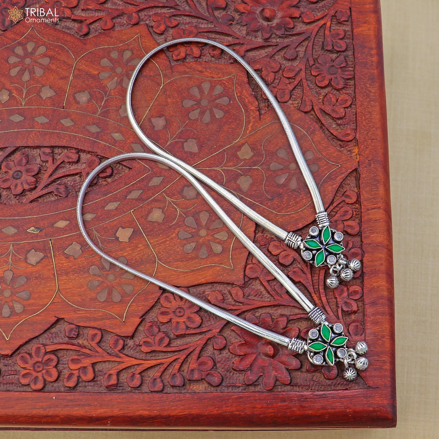 10.5" 925 sterling silver floral design stone anklets foot bracelet belly dance jewelry ank747 - TRIBAL ORNAMENTS