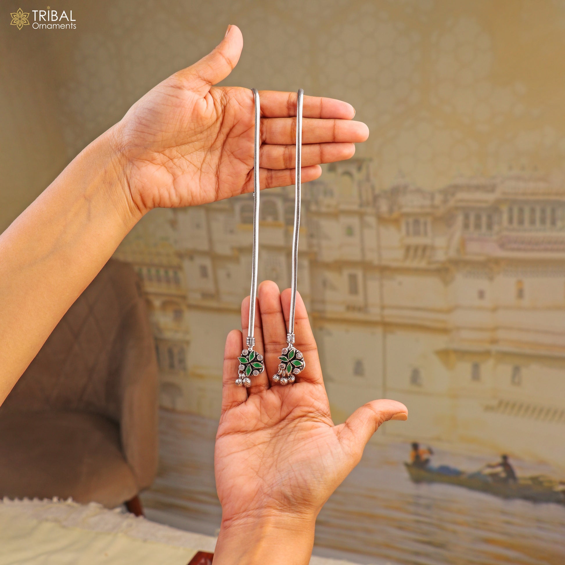 10.5" 925 sterling silver floral design stone anklets foot bracelet belly dance jewelry ank747 - TRIBAL ORNAMENTS