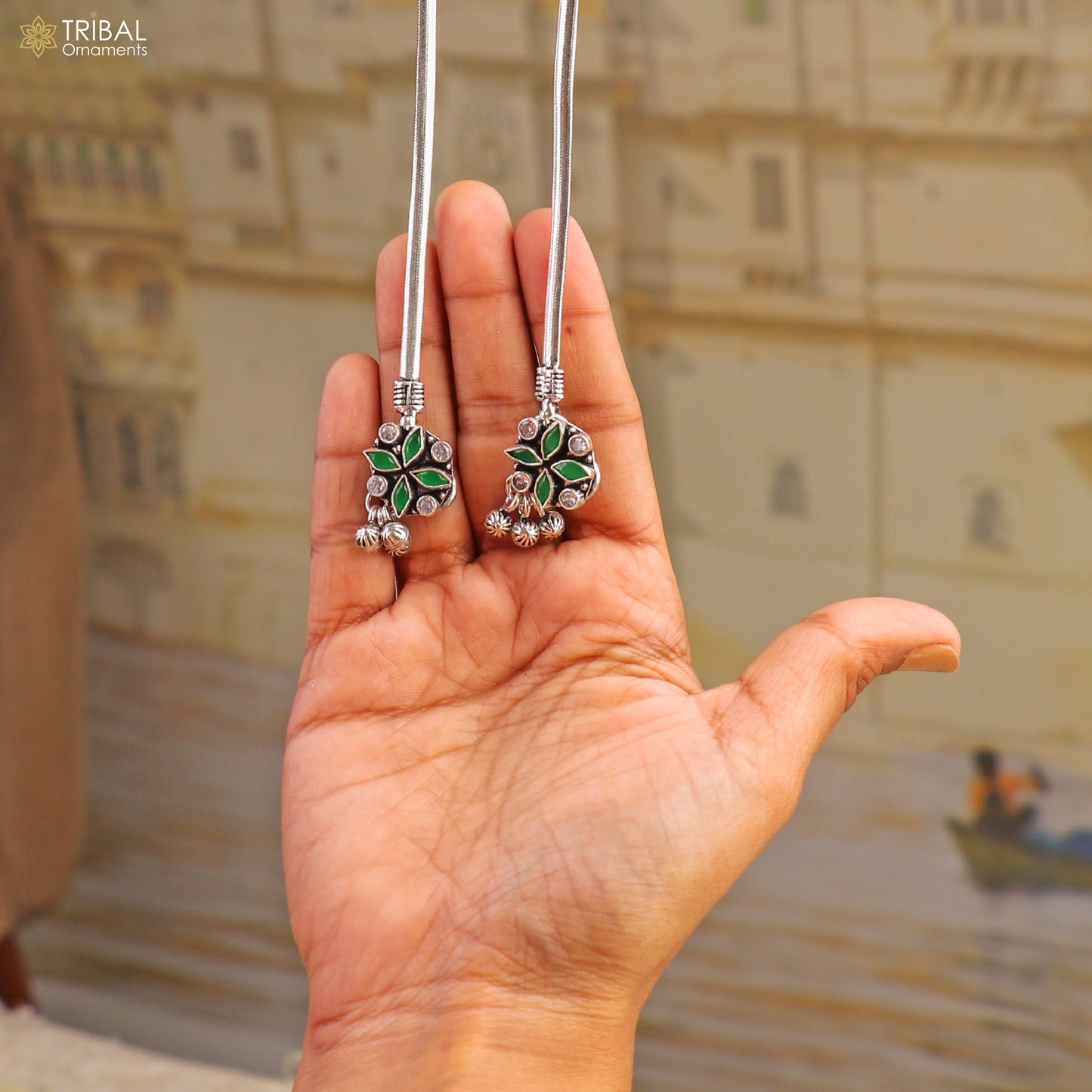 10.5" 925 sterling silver floral design stone anklets foot bracelet belly dance jewelry ank747 - TRIBAL ORNAMENTS