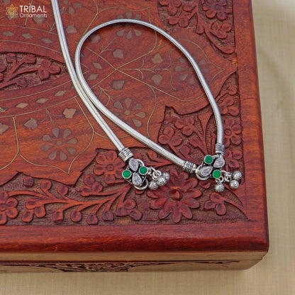 Sterling silver anklet with stone accents, 10.5 inches, tribal design foot bracelet for belly dance jewelry, TRIBAL ORNAMENTS.