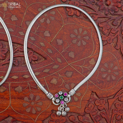 Sterling silver stone anklet foot bracelet with intricate design, ideal for belly dance jewelry by TRIBAL ORNAMENTS.