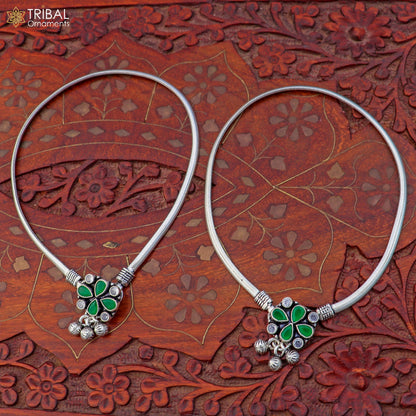 Sterling silver floral design anklet with decorative stones, foot jewelry suitable for belly dance, by TRIBAL ORNAMENTS.