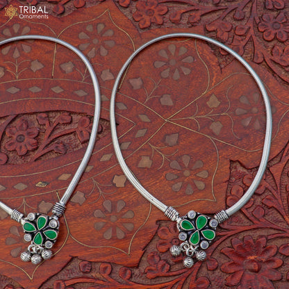 Sterling silver floral design anklet with stone accents, featuring a 10.5-inch foot bracelet for belly dance jewelry by Tribal Ornaments.