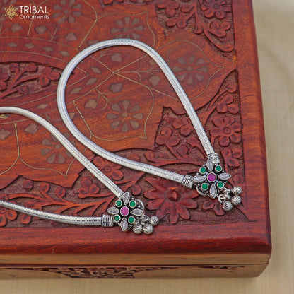 Sterling silver floral design anklet with stone accents, TRIBAL ORNAMENTS foot bracelet for belly dance jewelry, 10.5 inches