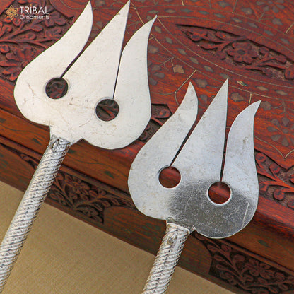 925 Sterling silver Lord Shiva trident, handcrafted Mahadev trishul for puja, detailed tribal ornament art.
