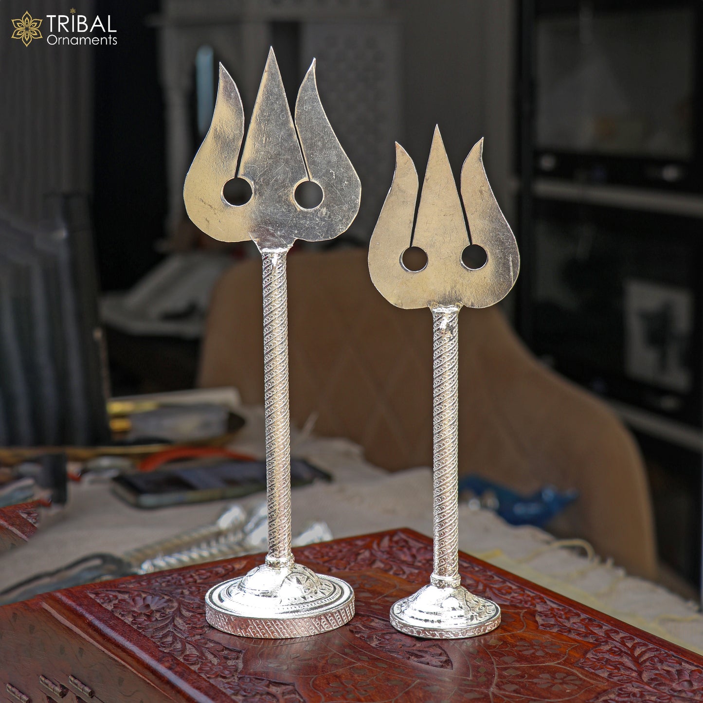 925 Sterling silver lord Shiva trident craftsmanship Mahadev trishul puja article art864 - TRIBAL ORNAMENTS