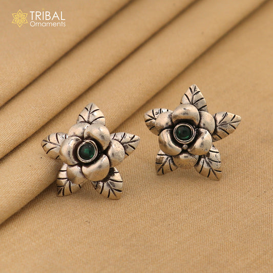 925 sterling silver handmade floral design Stud earring with green stone fancy girl's earring brides jewelry from india S1253