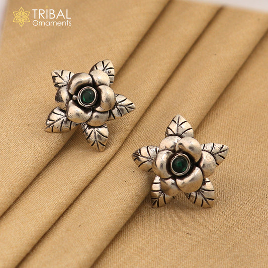 925 sterling silver handmade floral design Stud earring with green stone fancy girl's earring brides jewelry from india S1253