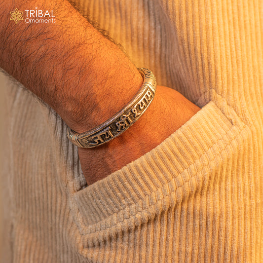 925 Sterling silver handmade chitai work "jai shree shyam" lord krishna mantra bracelet kada best divine unisex tribal ethnic jewelry nsk649 - TRIBAL ORNAMENTS