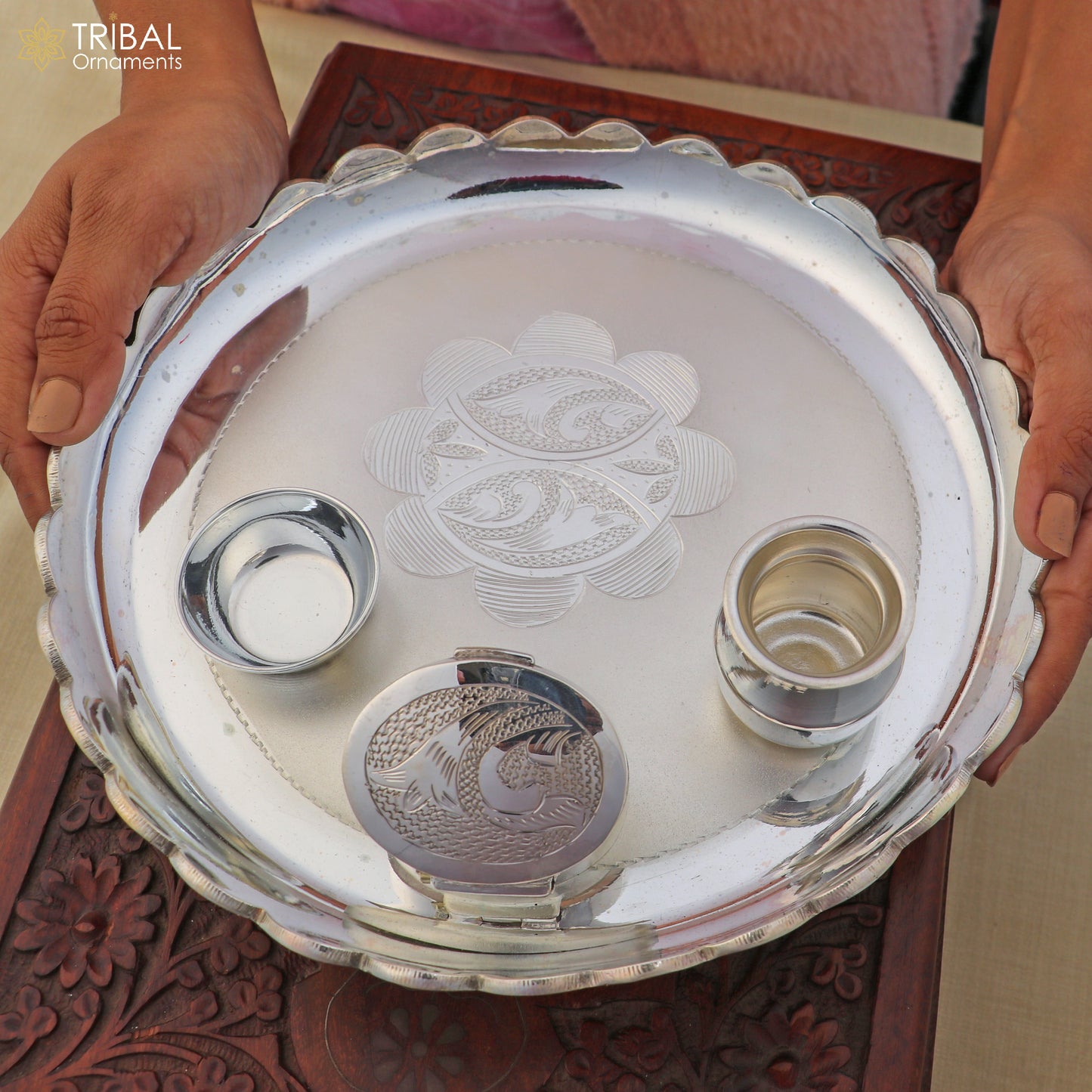 999 silver  bowl plate and kalash silver pooja Thali set utensils sv327 - TRIBAL ORNAMENTS