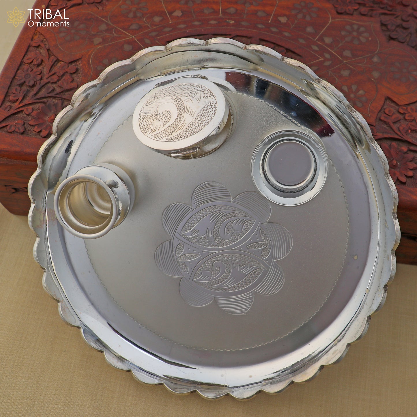 999 silver  bowl plate and kalash silver pooja Thali set utensils sv327 - TRIBAL ORNAMENTS