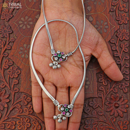 Sterling silver 10.5-inch anklet with stones, tribal design foot jewelry, perfect for dance or bohemian style.