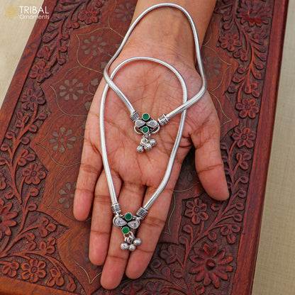 Sterling silver stone anklet foot bracelet with intricate design, perfect for belly dance jewelry, by TRIBAL ORNAMENTS.