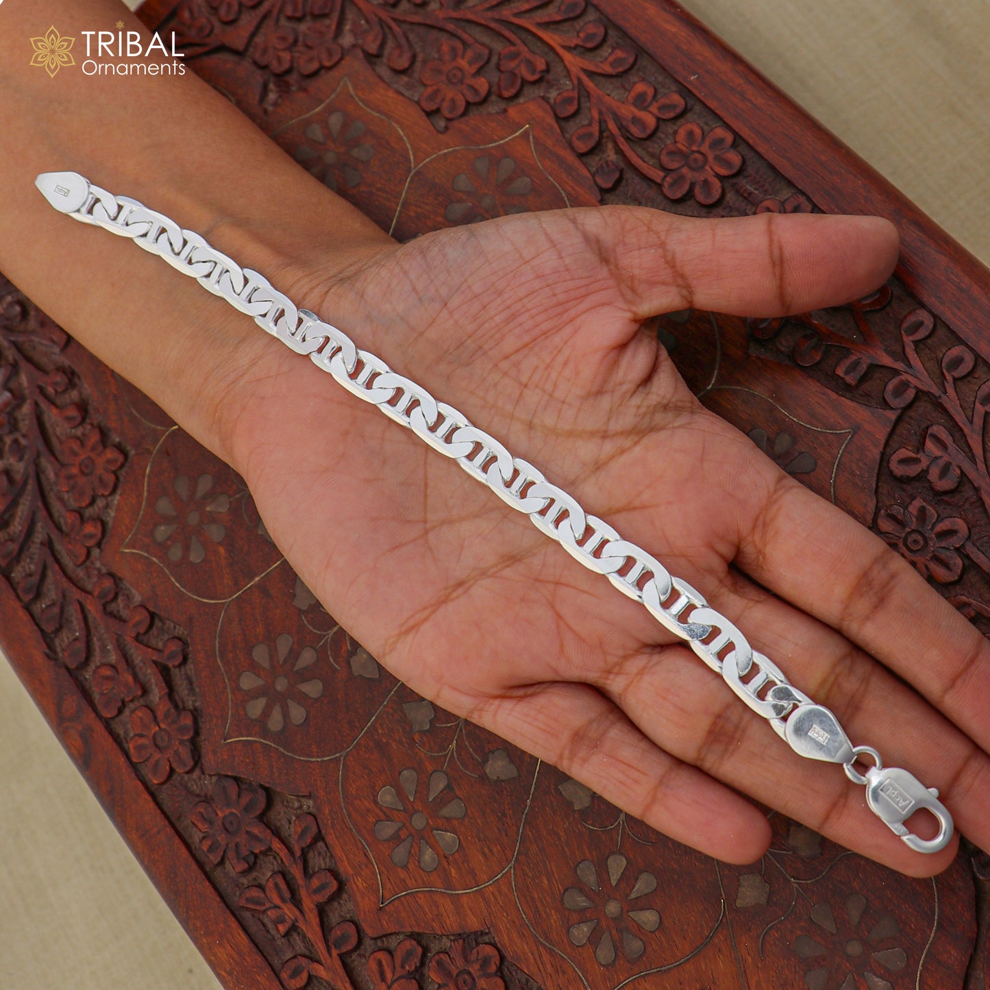 8.5-inch sterling silver mariner link chain bracelet by Tribal Ornaments, unisex jewelry with a polished, durable design.