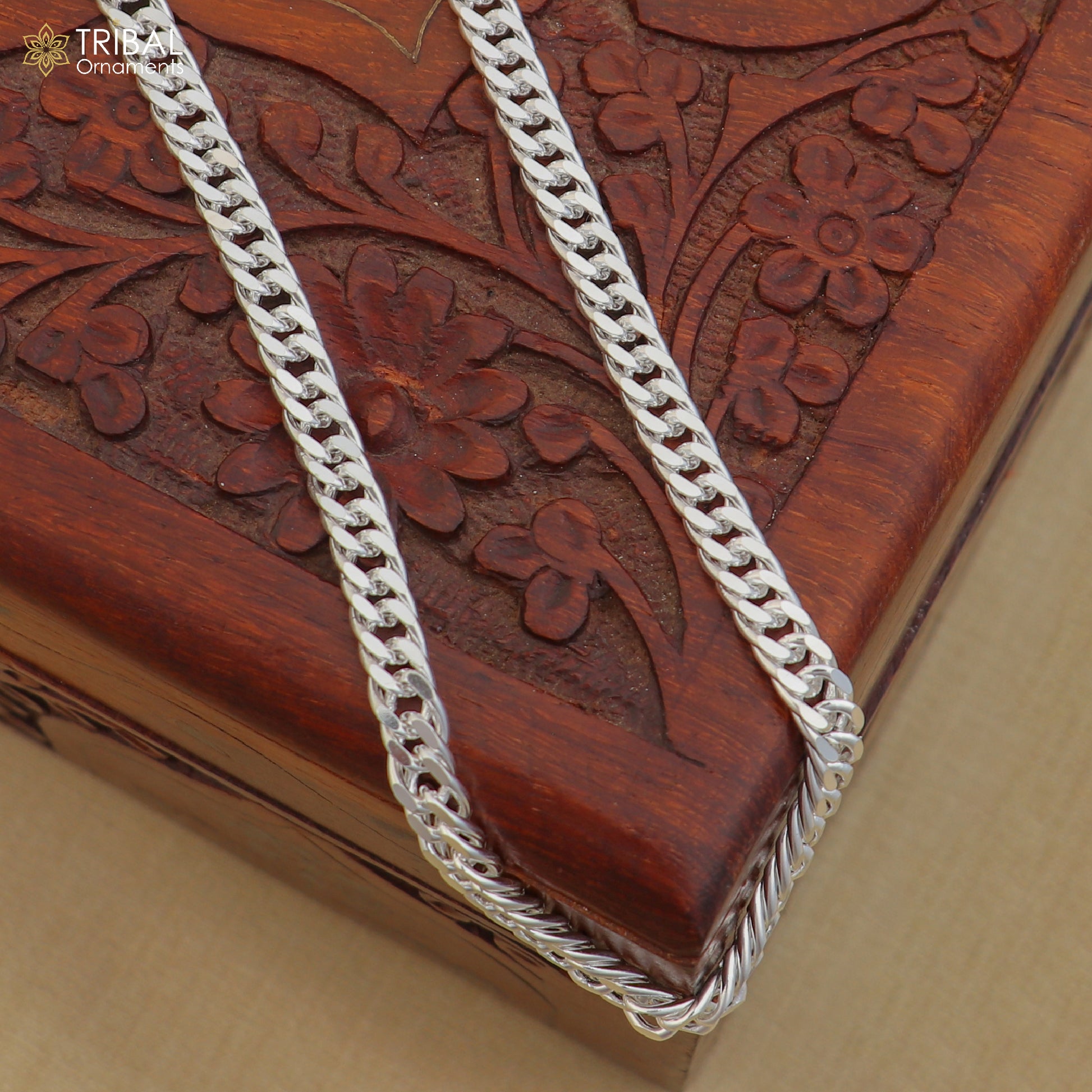 925 sterling silver Cuban link chain for unisex jewelry, featuring a bold, polished design by Tribal Ornaments.