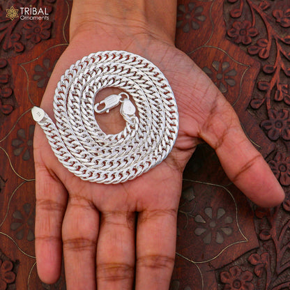 925 sterling silver Cuban link chain for unisex jewelry by TRIBAL ORNAMENTS, showing a close-up of the sleek, shiny chain.