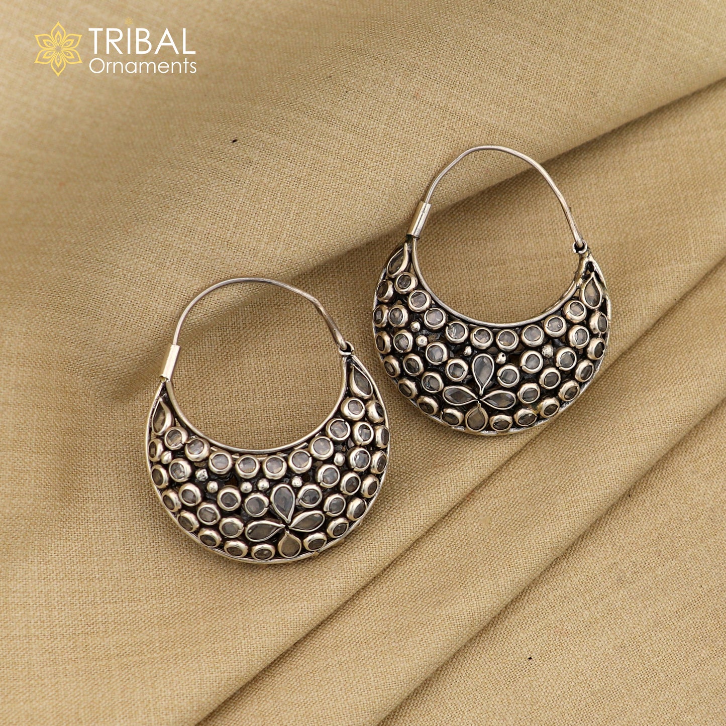 925 sterling silver vintage stylish crystal polki stone hoops earring brides belly dance jewelry s1096