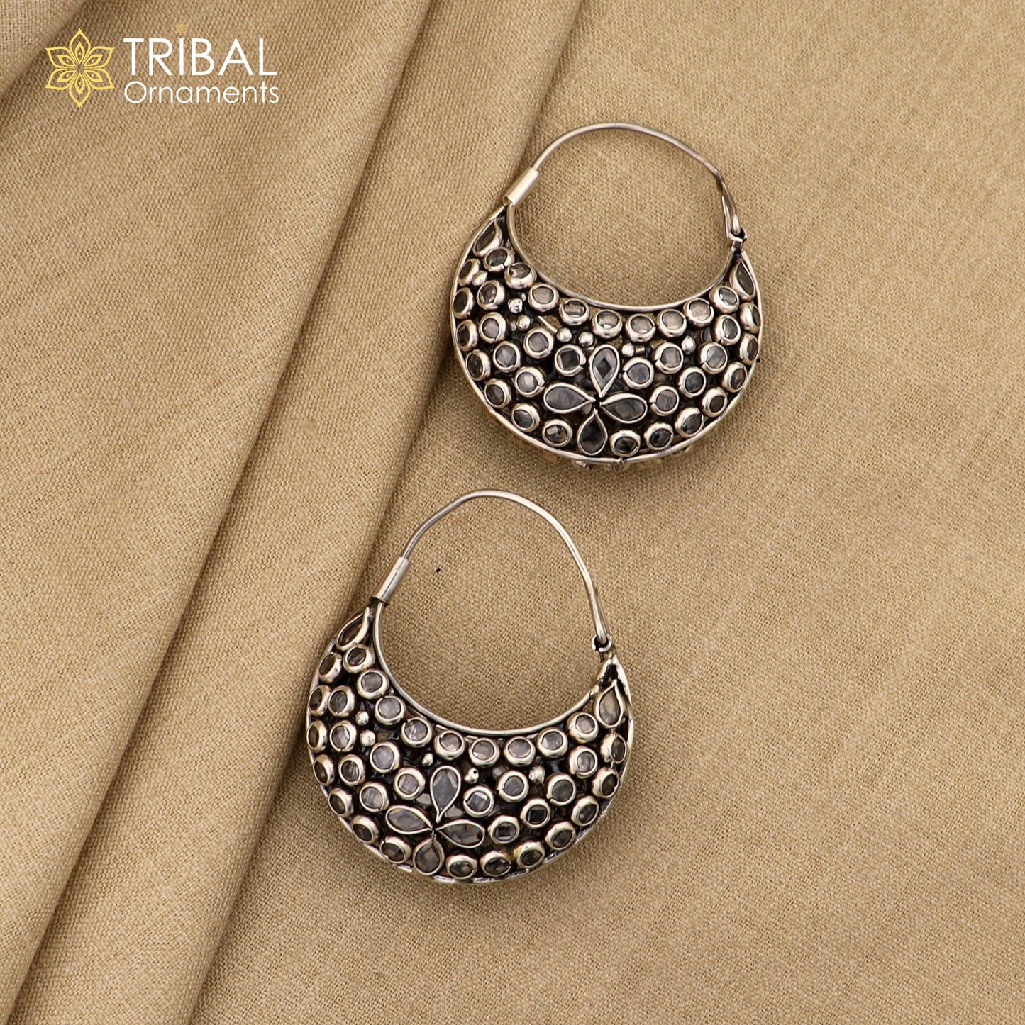 925 sterling silver vintage stylish crystal polki stone hoops earring brides belly dance jewelry s1096
