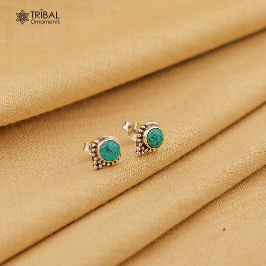 925 sterling silver gorgeous round shape blue turquoise stone stud earring best unisex jewelry s1395