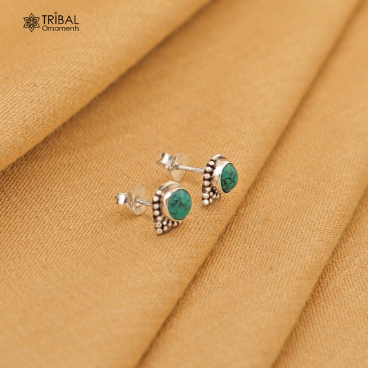 925 sterling silver gorgeous round shape blue turquoise stone stud earring best unisex jewelry s1395