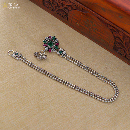 Sterling silver vintage anklet with colorful stones, tribal design foot bracelet, perfect for belly dance jewelry.