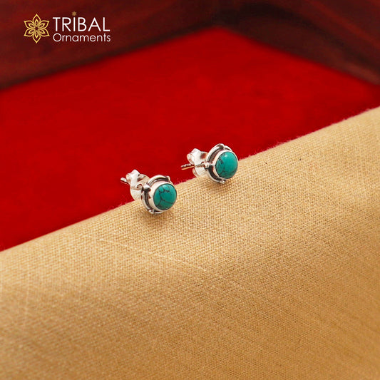 925 sterling silver gorgeous round shape blue turquoise stone stud earring best unisex jewelry s1398