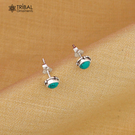 925 sterling silver gorgeous round shape blue turquoise stone stud earring best unisex jewelry s1398
