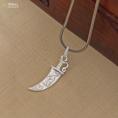 Unisex 925 sterling silver sword-shaped pendant jewelry with dagger style, detailed craftsmanship, by TRIBAL ORNAMENTS.