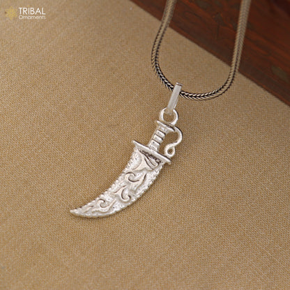 Unisex 925 sterling silver sword pendant with dagger style design, tribal ornament jewelry, detailed and polished surface.