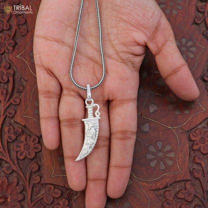 Unisex 925 sterling silver sword-shaped pendant with dagger style design, tribal ornament jewelry, on a plain background.