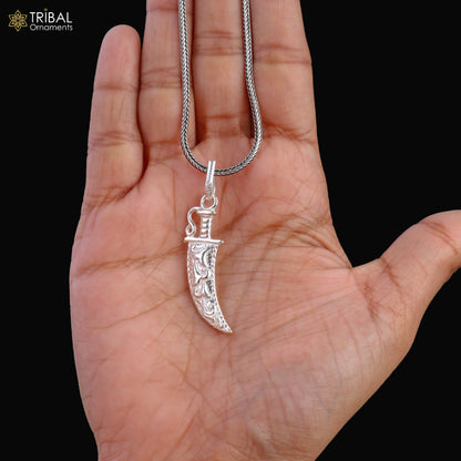 Unisex 925 sterling silver sword-shaped pendant jewelry with dagger style, featuring intricate tribal ornament design.